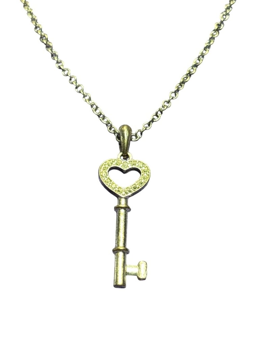 Silvertone Key Pendant Necklace Clear Rhinestone Heart Lobster Clasp and Pendant